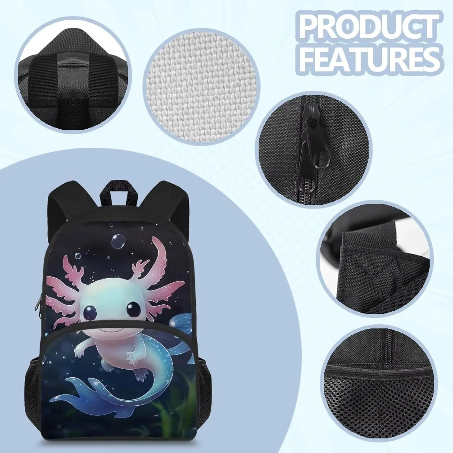 Cute Axolotl Backpack for Girls 15 Inch Primary School Student Backpacks with Adjustable Shoulder Strap Large Capacity Middle School Book Bags 6th Grade Boys Back to School