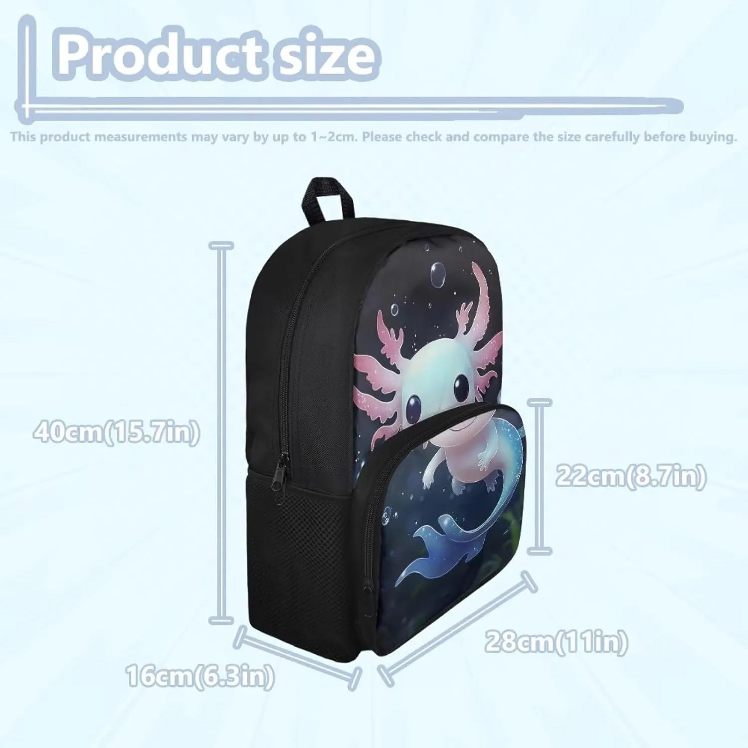 Cute Axolotl Backpack for Girls 15 Inch Primary School Student Backpacks with Adjustable Shoulder Strap Large Capacity Middle School Book Bags 6th Grade Boys Back to School