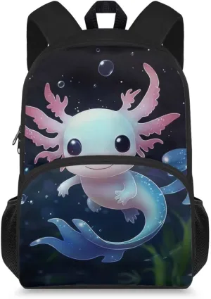Cute Axolotl Backpack for Girls 15 Inch Primary School Student Backpacks with Adjustable Shoulder Strap Large Capacity Middle School Book Bags 6th Grade Boys Back to School