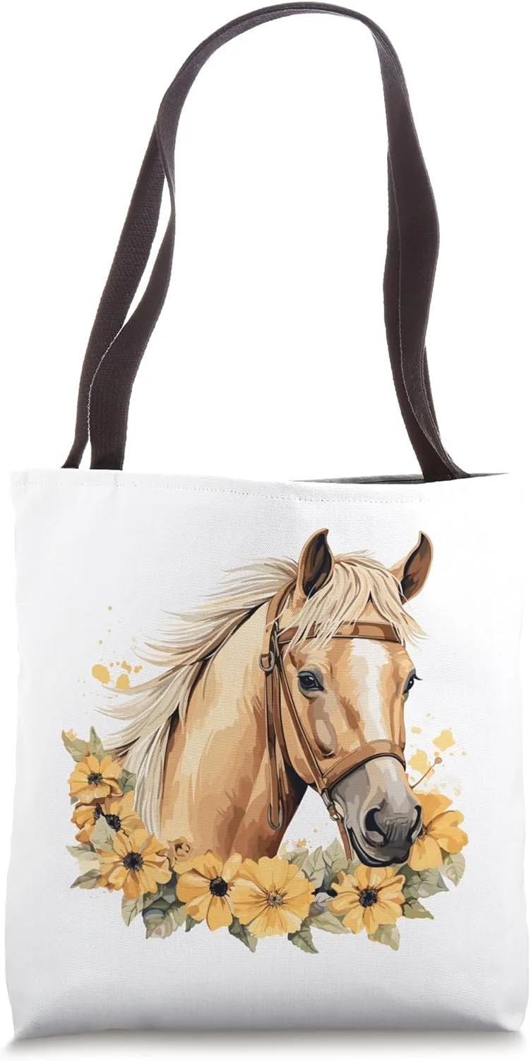 Cute Buckskin Horse Sunflower Watercolor Pastel Floral Tote Bag