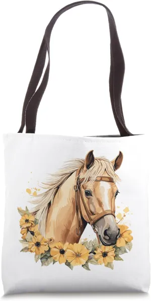 Cute Buckskin Horse Sunflower Watercolor Pastel Floral Tote Bag