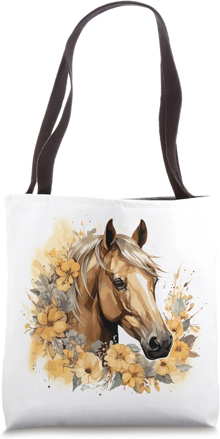 Cute Buckskin Horse Sunflower Watercolor Pastel Floral Tote Bag