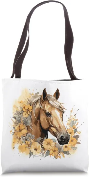Cute Buckskin Horse Sunflower Watercolor Pastel Floral Tote Bag