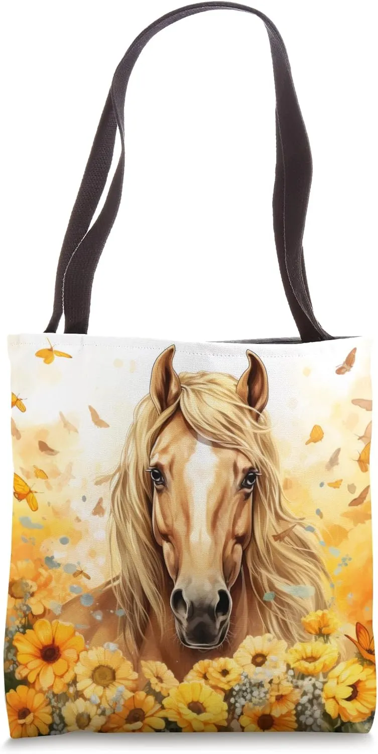 Cute Buckskin Horse Watercolor Floral Sunflowers Butterflies Tote Bag