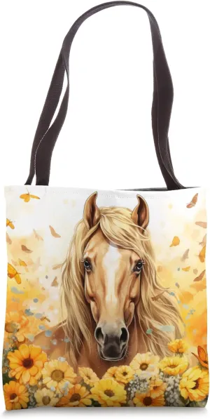 Cute Buckskin Horse Watercolor Floral Sunflowers Butterflies Tote Bag