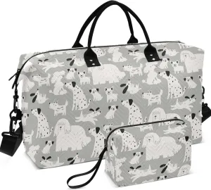 Cute Cartoon Dog Print Grey Duffle Travel Bag Cosmetic Bags Set, Fun Gym Tote Bags Weekender Bag