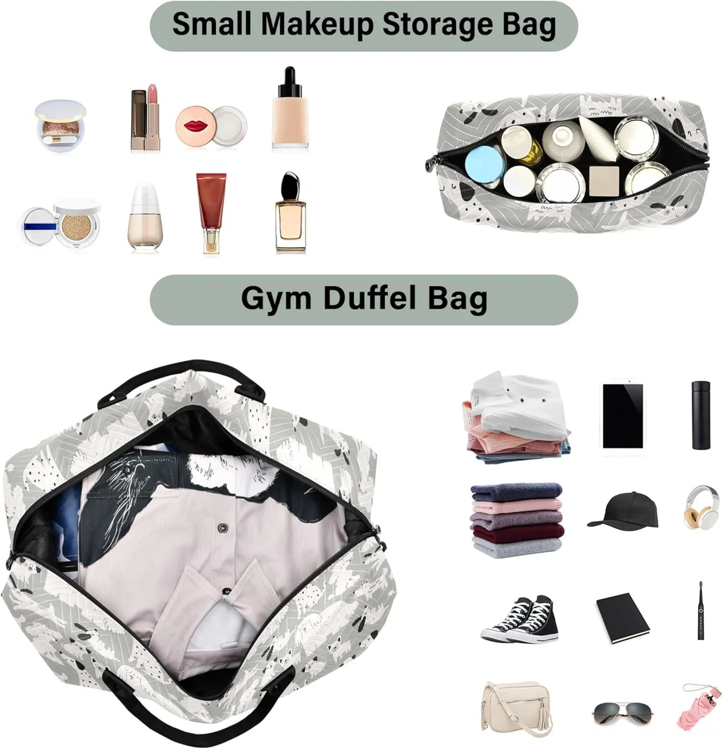 Cute Cartoon Dog Print Grey Duffle Travel Bag Cosmetic Bags Set, Fun Gym Tote Bags Weekender Bag