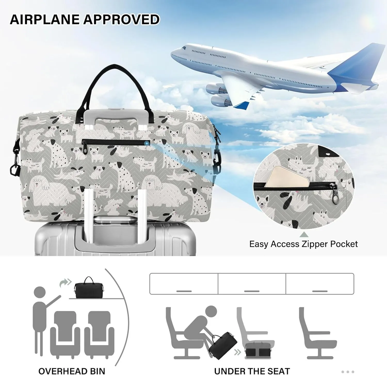 Cute Cartoon Dog Print Grey Duffle Travel Bag Cosmetic Bags Set, Fun Gym Tote Bags Weekender Bag
