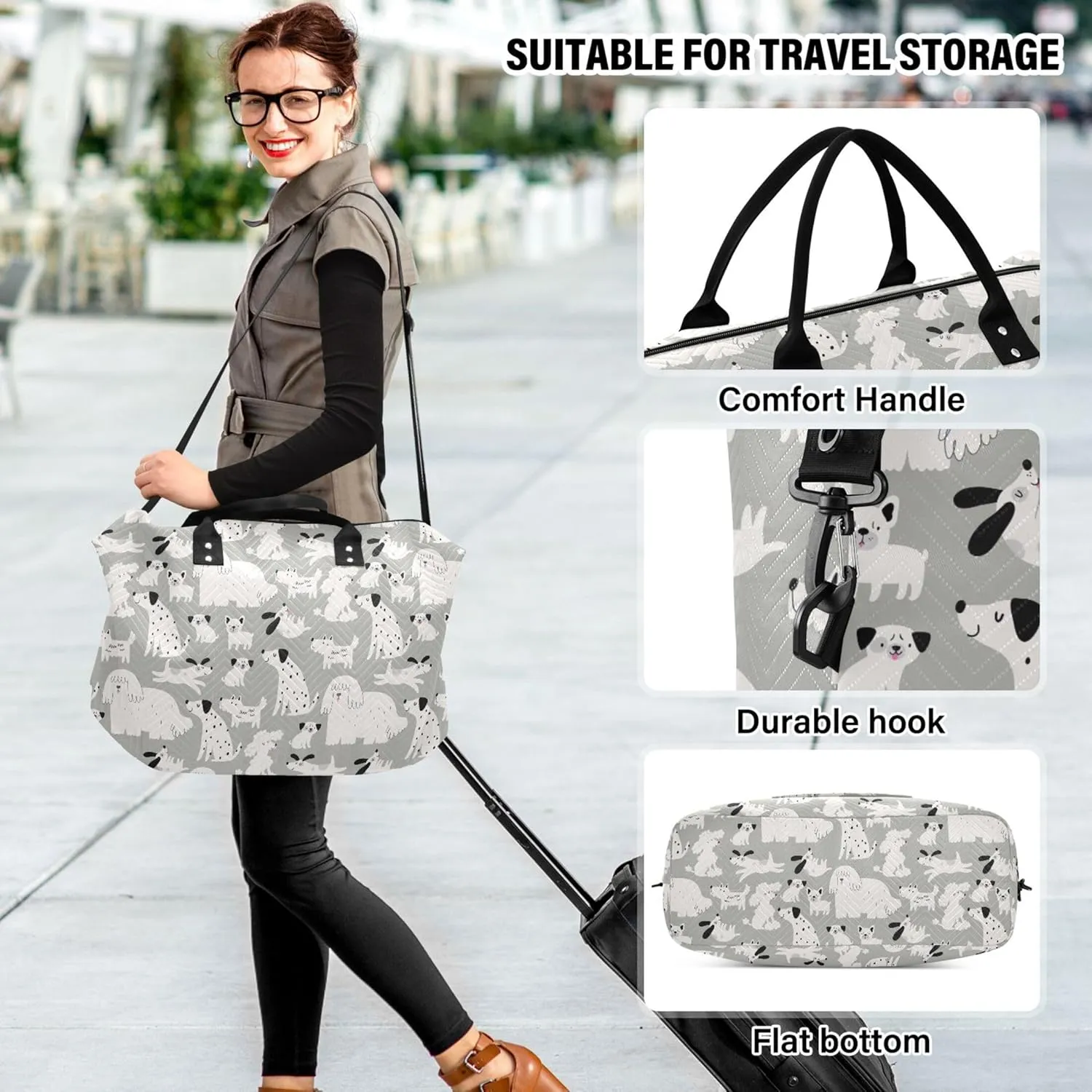 Cute Cartoon Dog Print Grey Duffle Travel Bag Cosmetic Bags Set, Fun Gym Tote Bags Weekender Bag