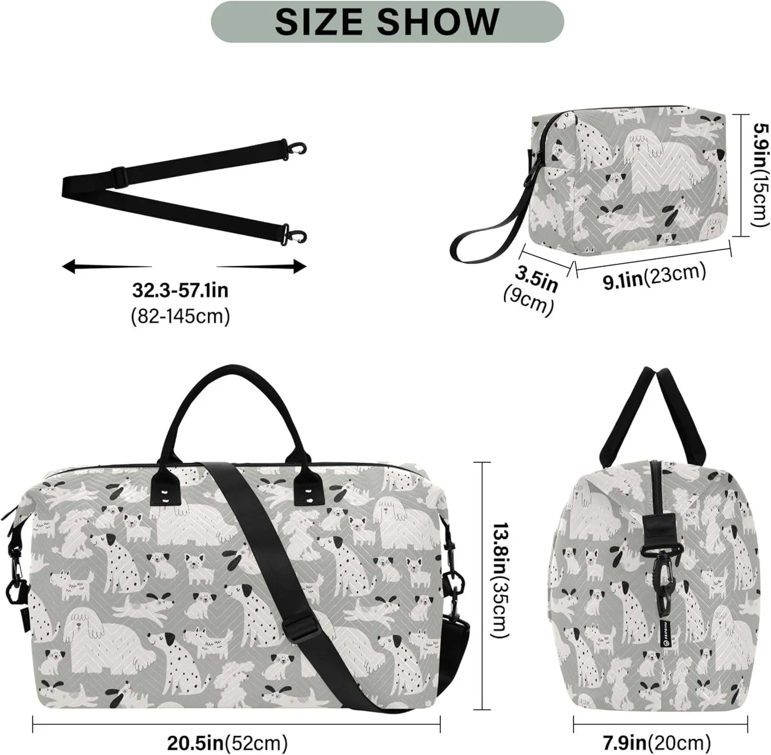 Cute Cartoon Dog Print Grey Duffle Travel Bag Cosmetic Bags Set, Fun Gym Tote Bags Weekender Bag