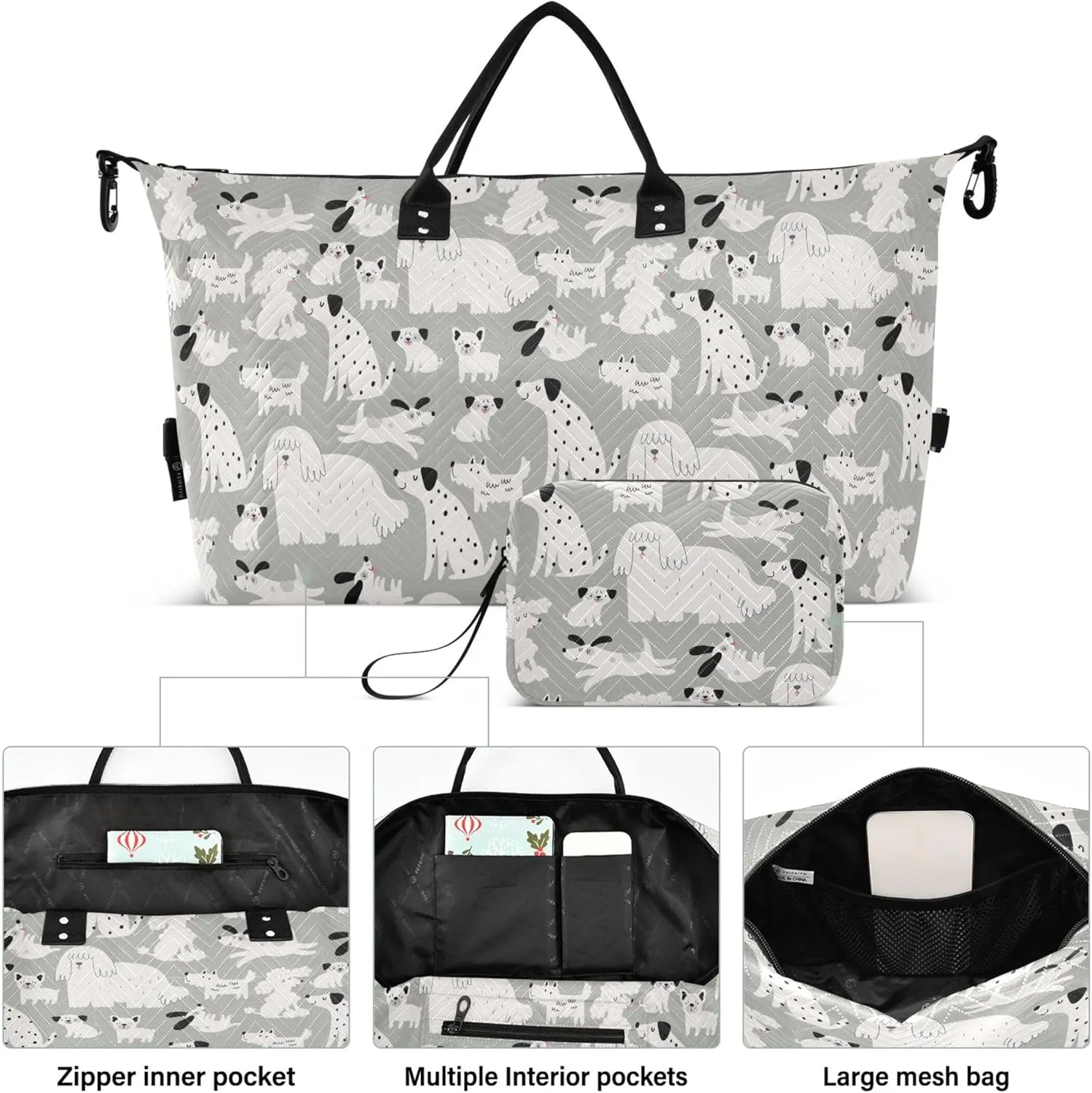 Cute Cartoon Dog Print Grey Duffle Travel Bag Cosmetic Bags Set, Fun Gym Tote Bags Weekender Bag