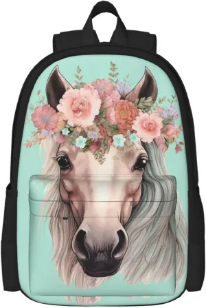 Cute Cartoon Horse Kids Backpacks Girls School Bookbag Shoulder Bag Casual Daypack 17 Inch Plus Laptop Bag for Unisex Teens 1-5th Grade