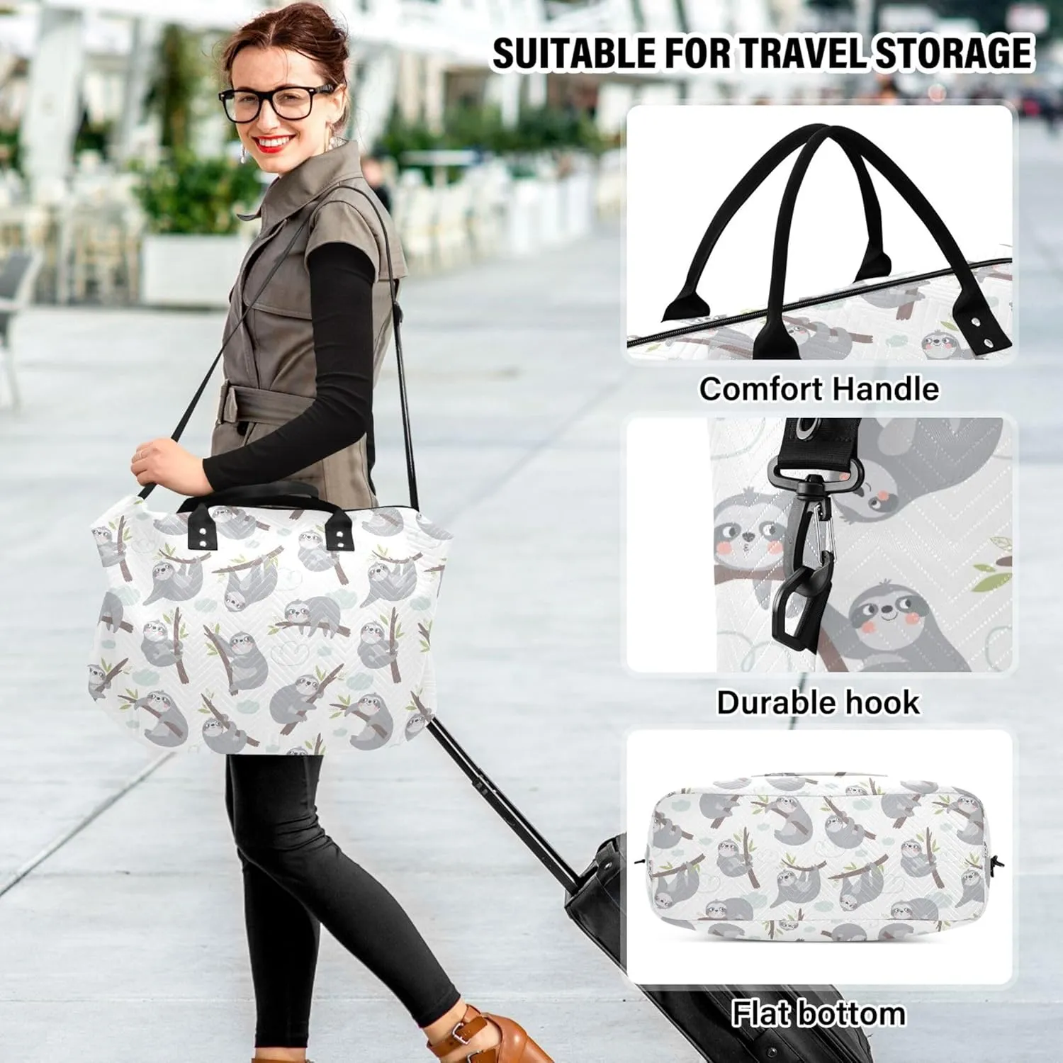Cute Cartoon Sloth Print Travel Duffel Bags Makeup Pouch Set, Flower Gym Tote Bags Weekender Bag
