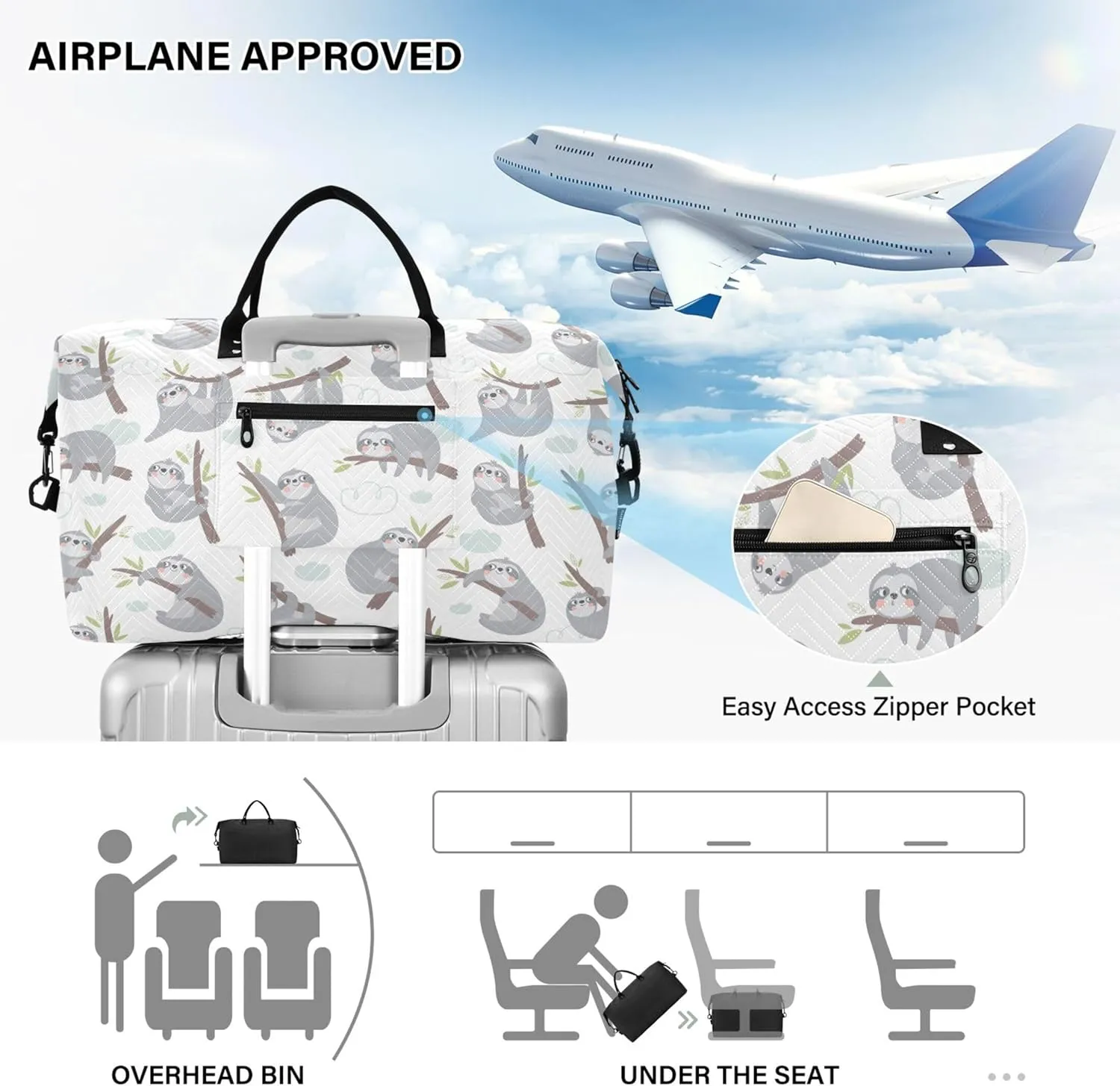 Cute Cartoon Sloth Print Travel Duffel Bags Makeup Pouch Set, Flower Gym Tote Bags Weekender Bag