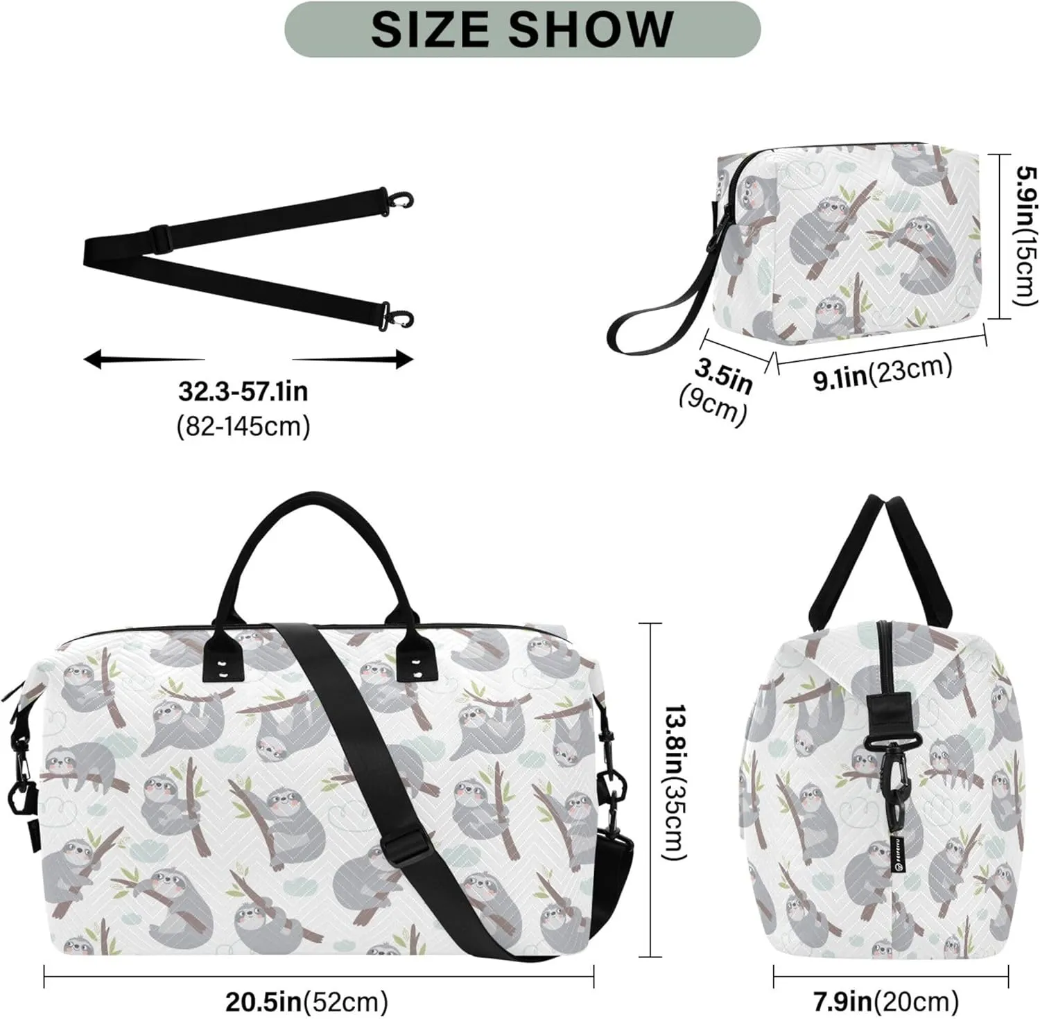 Cute Cartoon Sloth Print Travel Duffel Bags Makeup Pouch Set, Flower Gym Tote Bags Weekender Bag