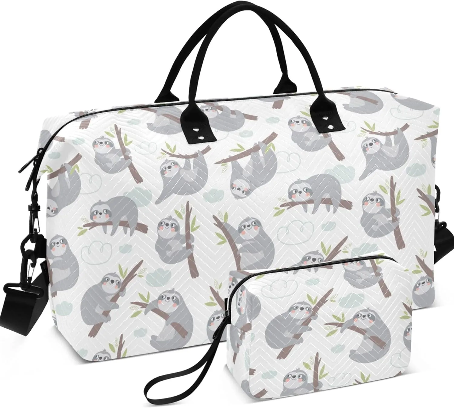 Cute Cartoon Sloth Print Travel Duffel Bags Makeup Pouch Set, Flower Gym Tote Bags Weekender Bag