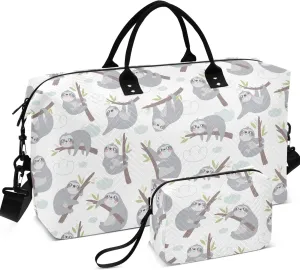 Cute Cartoon Sloth Print Travel Duffel Bags Makeup Pouch Set, Flower Gym Tote Bags Weekender Bag