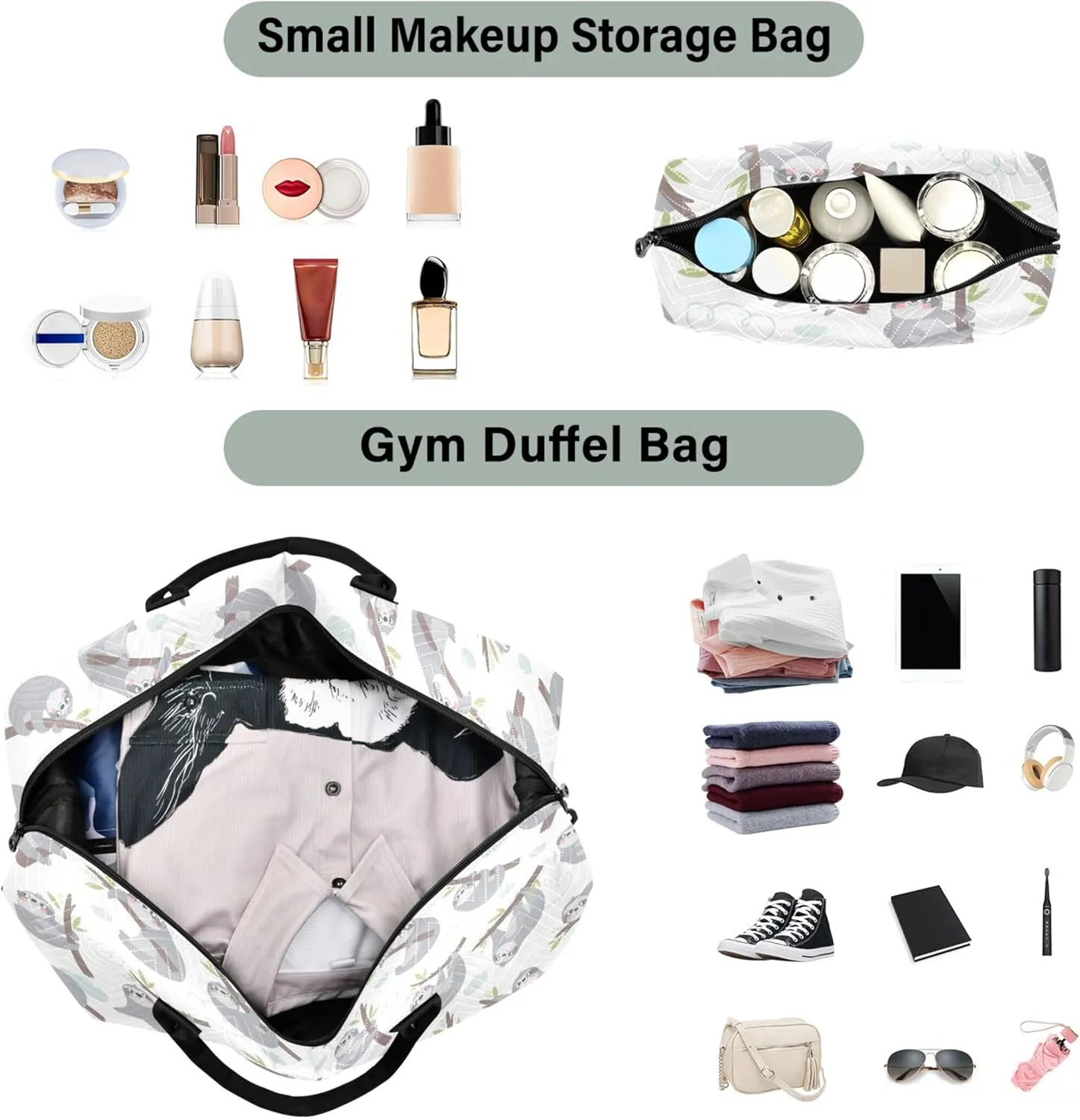 Cute Cartoon Sloth Print Travel Duffel Bags Makeup Pouch Set, Flower Gym Tote Bags Weekender Bag