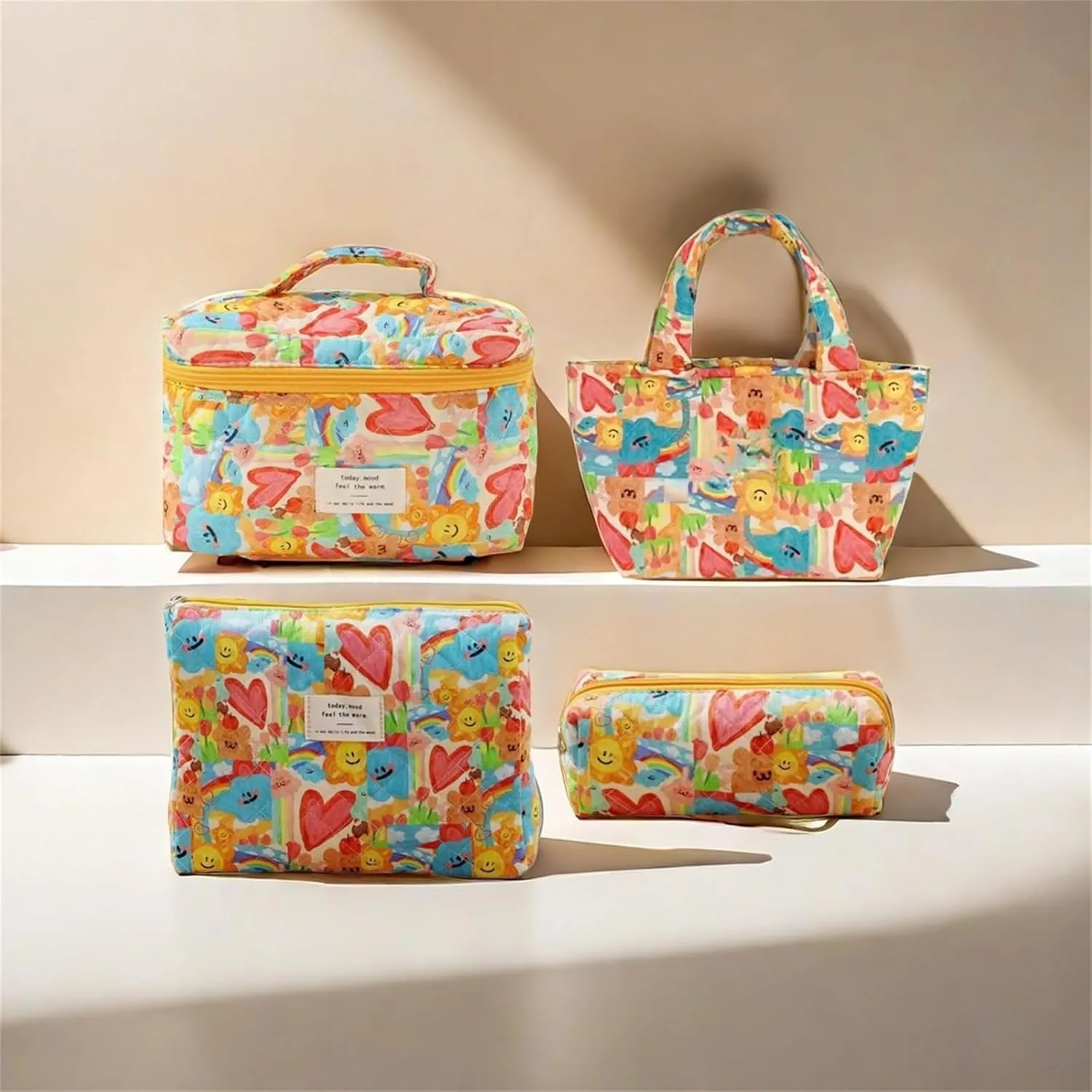 Cute Coastal Cotton Floral Quilted Makeup Bag Set of 4, Coquette Flowers Cloth Cosmetic Organizer Bag Sets for Women (Sun)