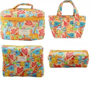 Cute Coastal Cotton Floral Quilted Makeup Bag Set of 4, Coquette Flowers Cloth Cosmetic Organizer Bag Sets for Women (Sun)