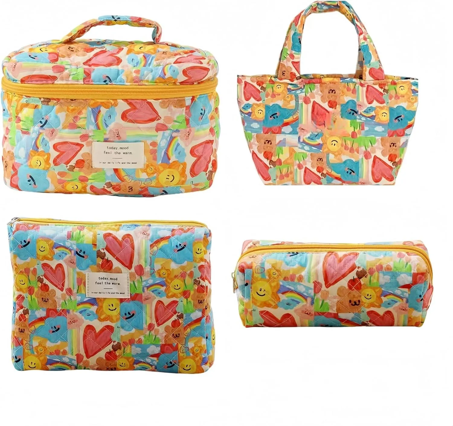 Cute Coastal Cotton Floral Quilted Makeup Bag Set of 4, Coquette Flowers Cloth Cosmetic Organizer Bag Sets for Women (Sun)