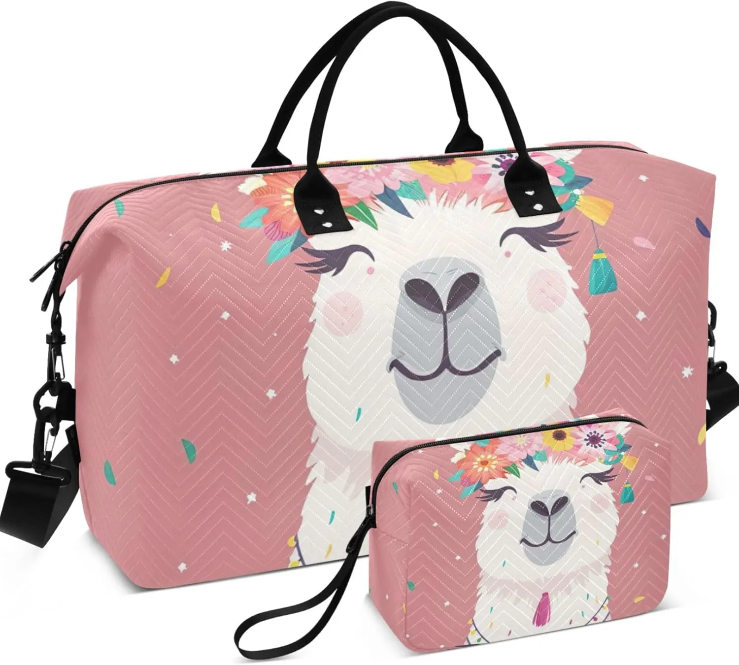 Cute Llama Flowers Pink Travel Duffel Bags Toiletry Bag Set of 2, Print Sports Bags Carry on Tote