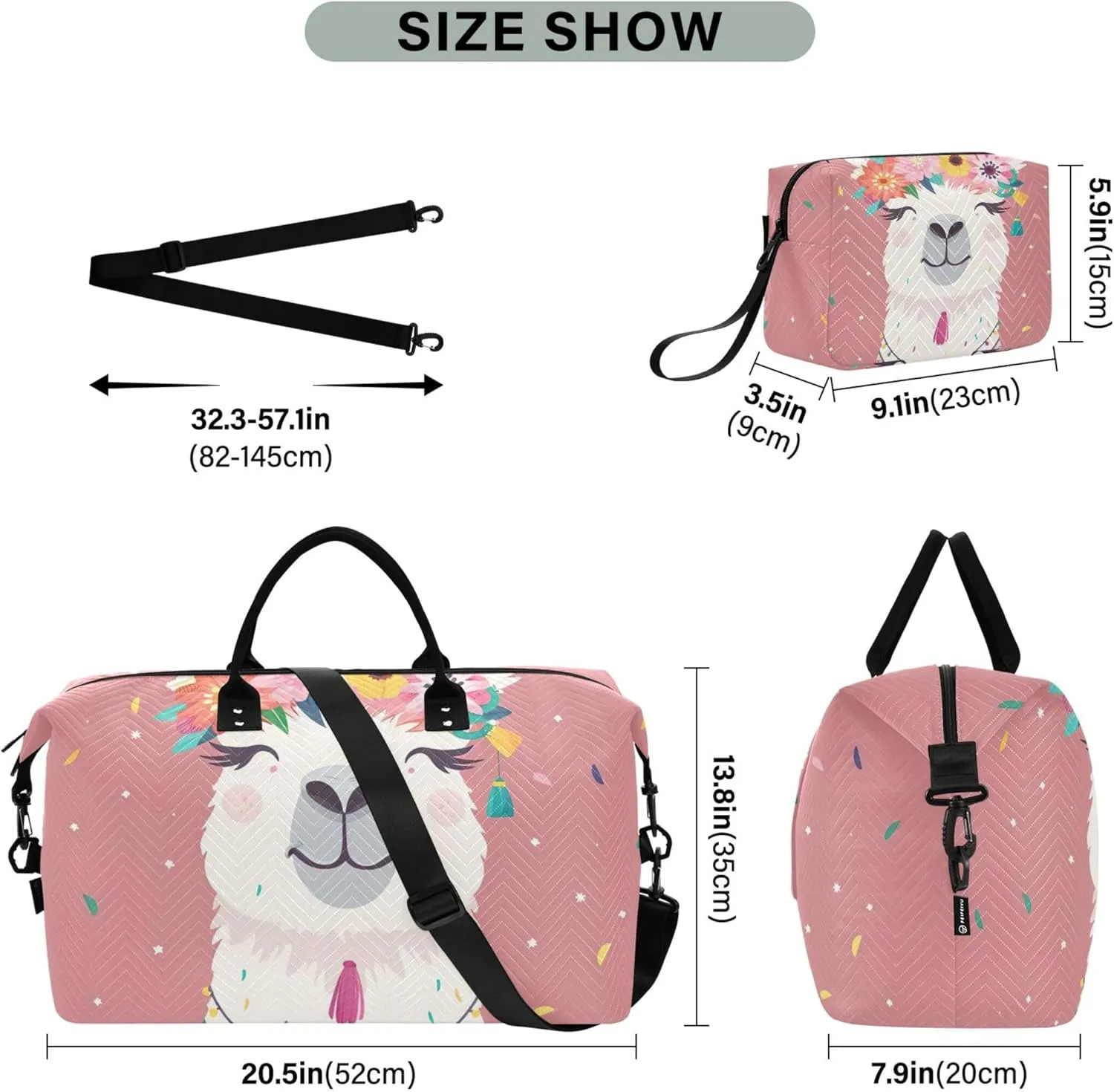 Cute Llama Flowers Pink Travel Duffel Bags Toiletry Bag Set of 2, Print Sports Bags Carry on Tote