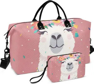 Cute Llama Flowers Pink Travel Duffel Bags Toiletry Bag Set of 2, Print Sports Bags Carry on Tote
