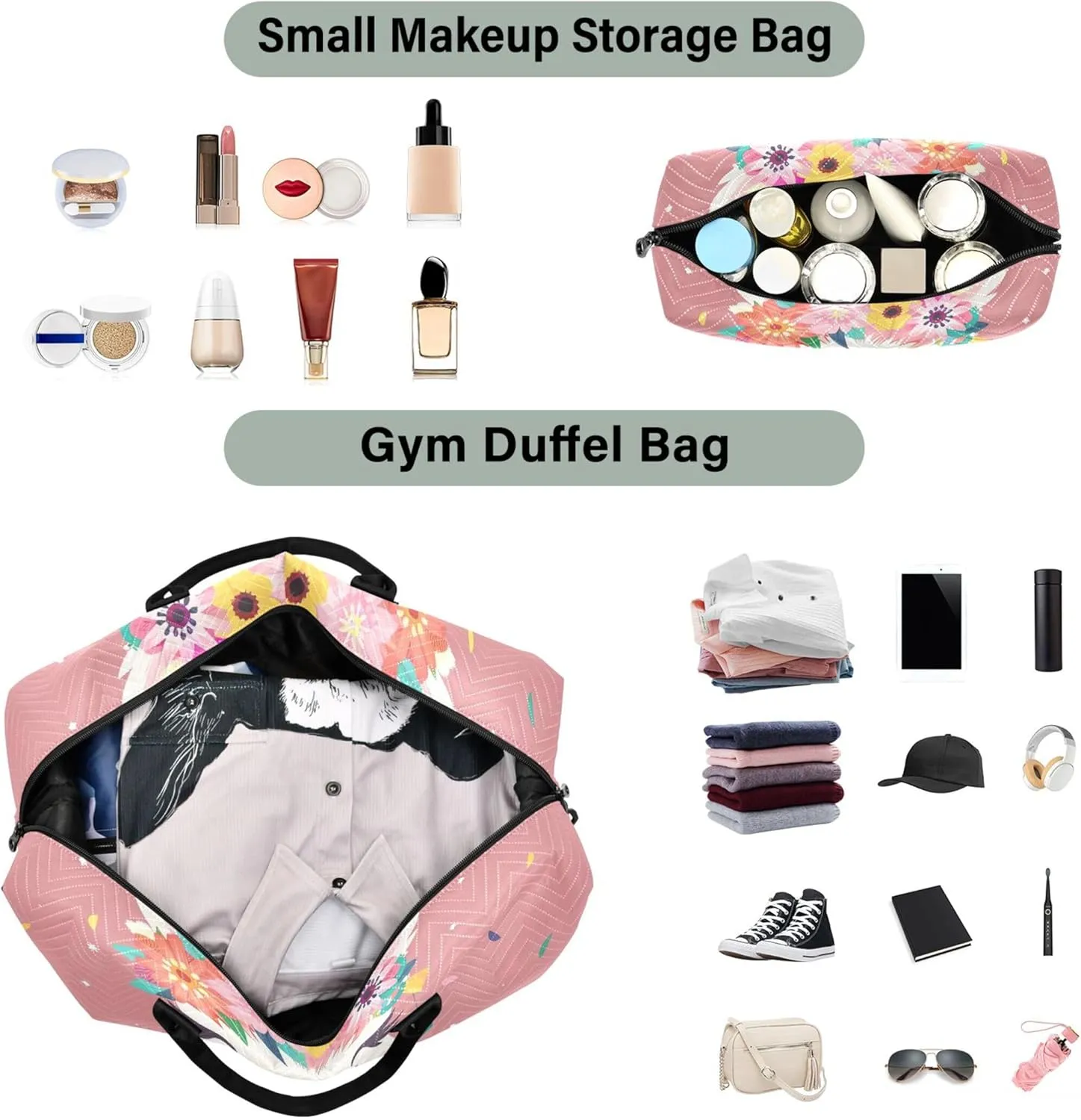 Cute Llama Flowers Pink Travel Duffel Bags Toiletry Bag Set of 2, Print Sports Bags Carry on Tote