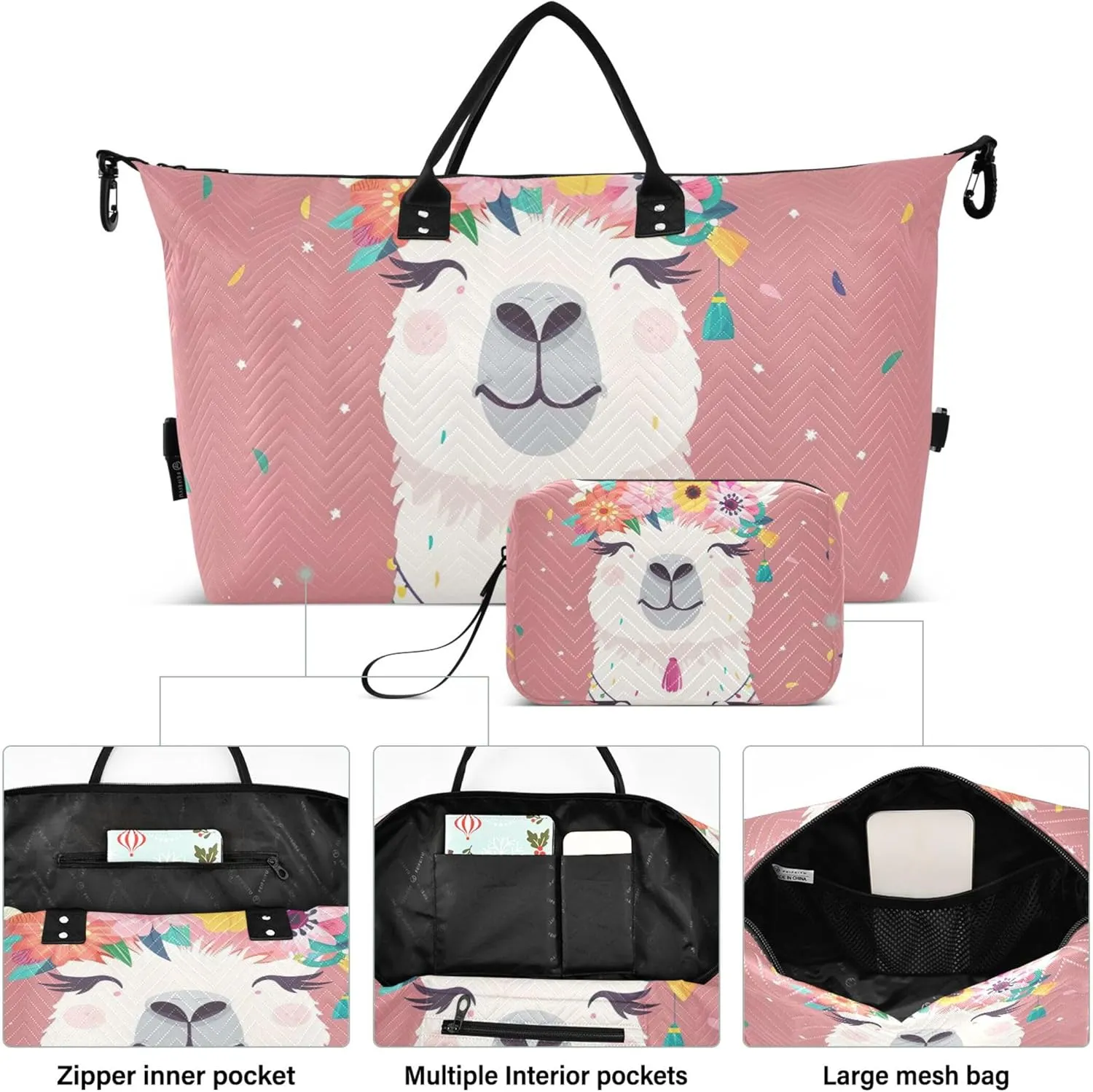 Cute Llama Flowers Pink Travel Duffel Bags Toiletry Bag Set of 2, Print Sports Bags Carry on Tote