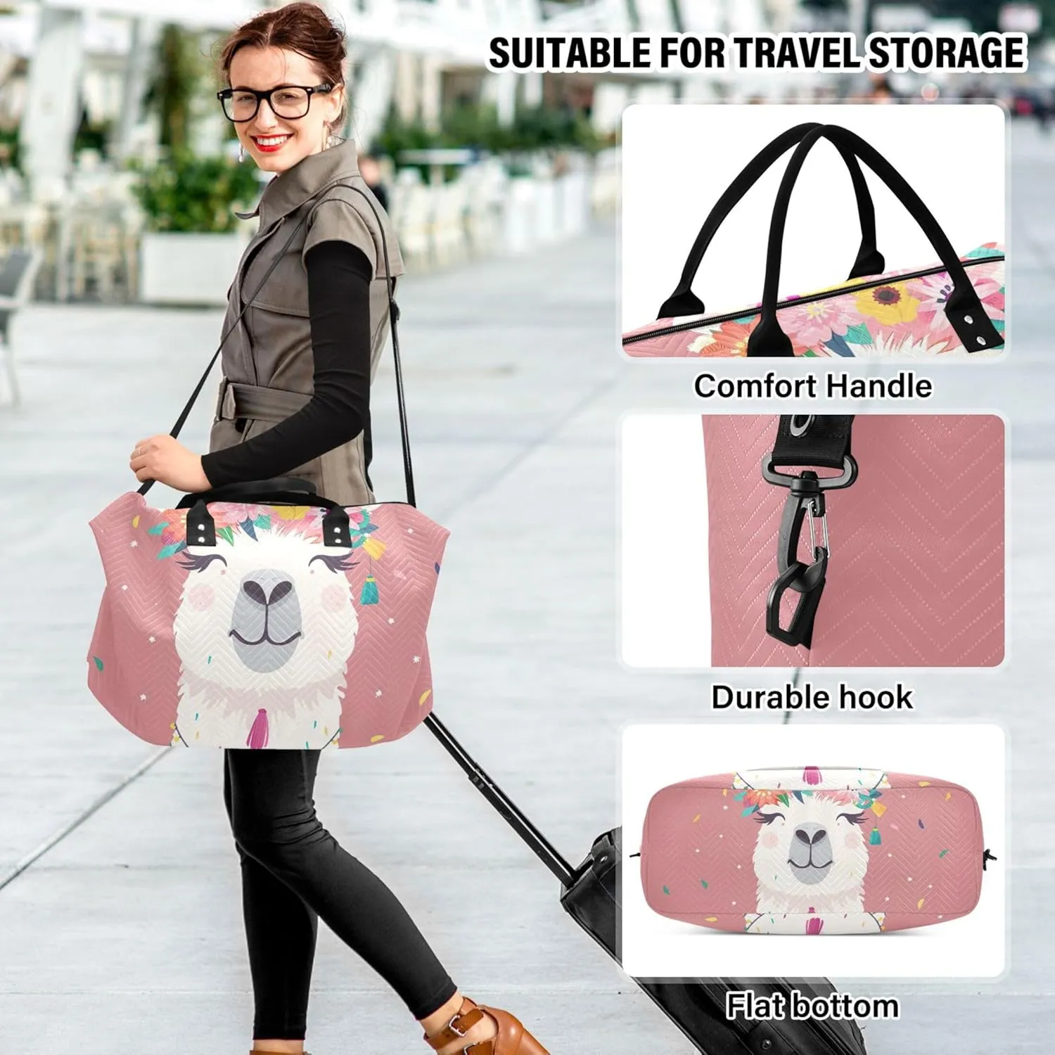 Cute Llama Flowers Pink Travel Duffel Bags Toiletry Bag Set of 2, Print Sports Bags Carry on Tote