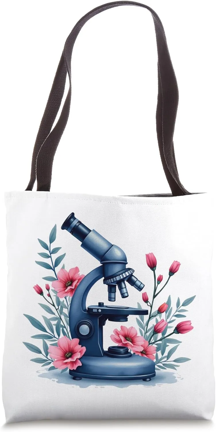 Cute Microscope with Pink Flowers, Floral Lab Equipment Tote Bag