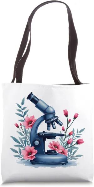 Cute Microscope with Pink Flowers, Floral Lab Equipment Tote Bag