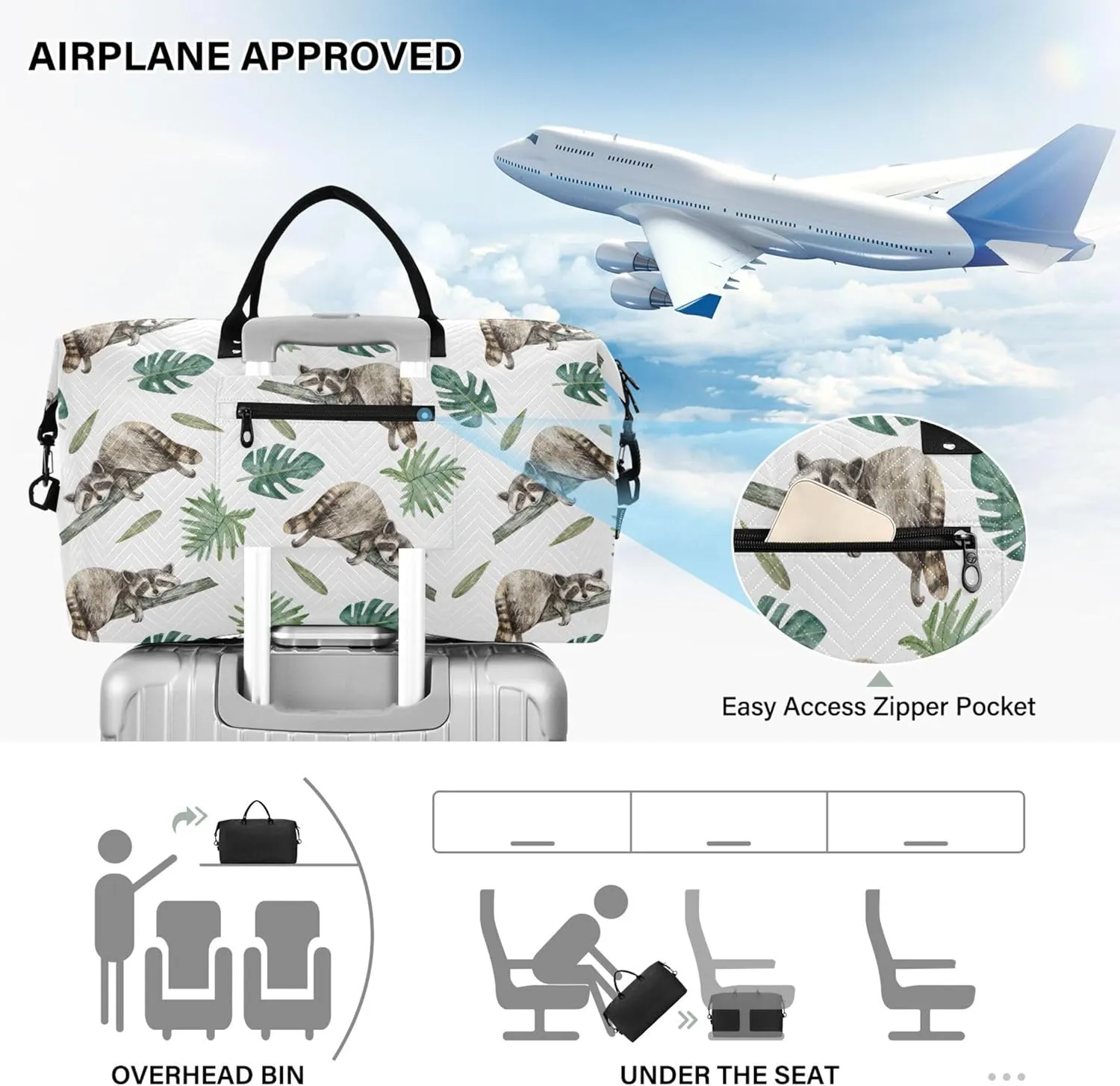 Cute Raccoon Tropical Leaves Duffel Bag Womens Makeup Pouch Set, Painting Womens Gym Bags Tote Carry on Duffle