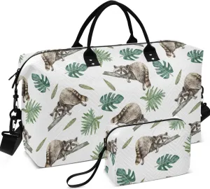 Cute Raccoon Tropical Leaves Duffel Bag Womens Makeup Pouch Set, Painting Womens Gym Bags Tote Carry on Duffle