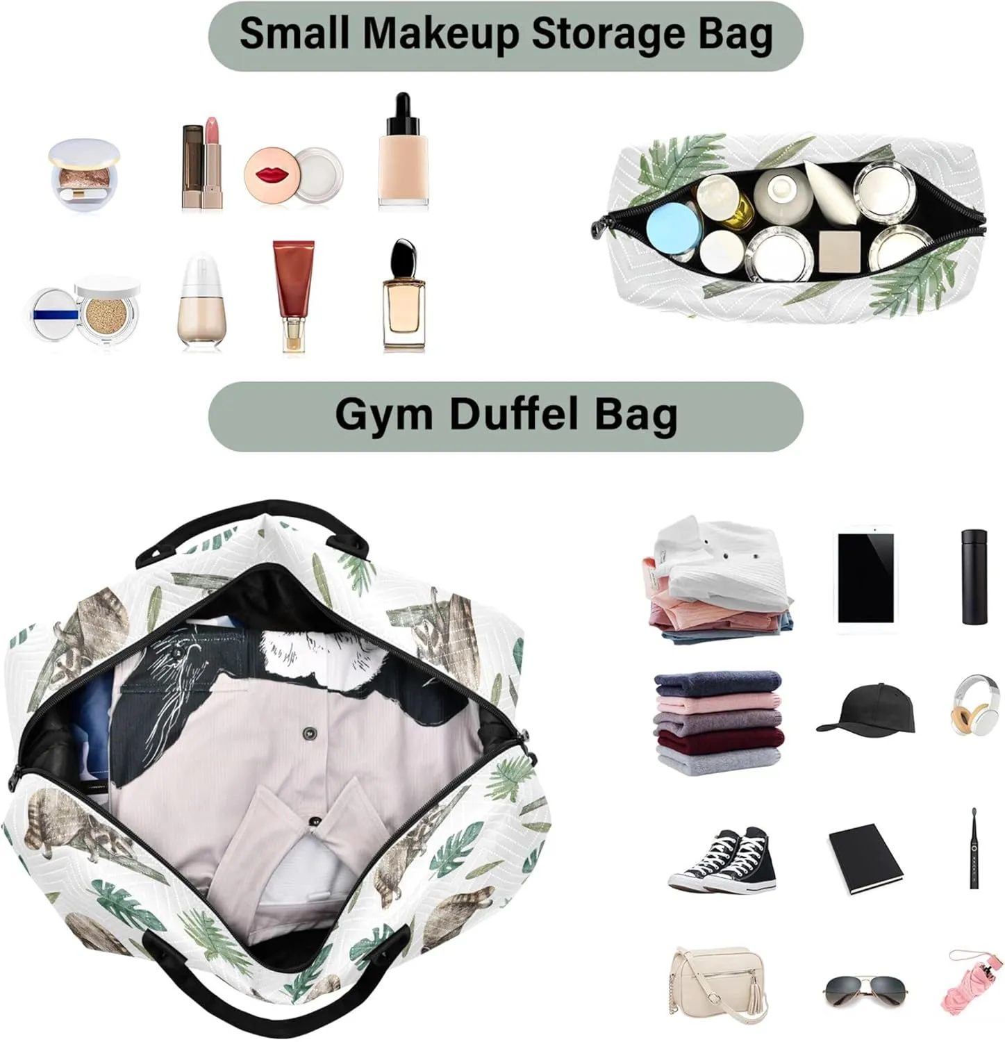 Cute Raccoon Tropical Leaves Duffel Bag Womens Makeup Pouch Set, Painting Womens Gym Bags Tote Carry on Duffle