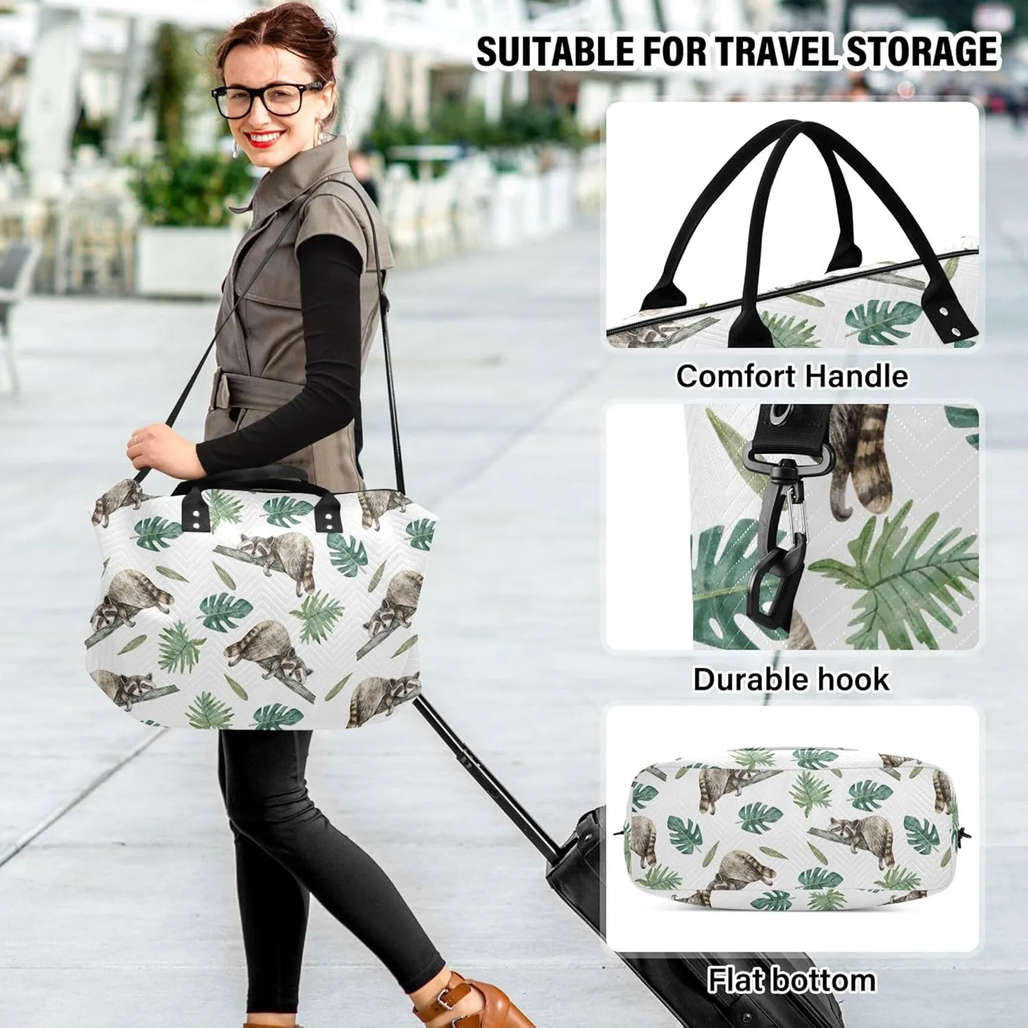 Cute Raccoon Tropical Leaves Duffel Bag Womens Makeup Pouch Set, Painting Womens Gym Bags Tote Carry on Duffle