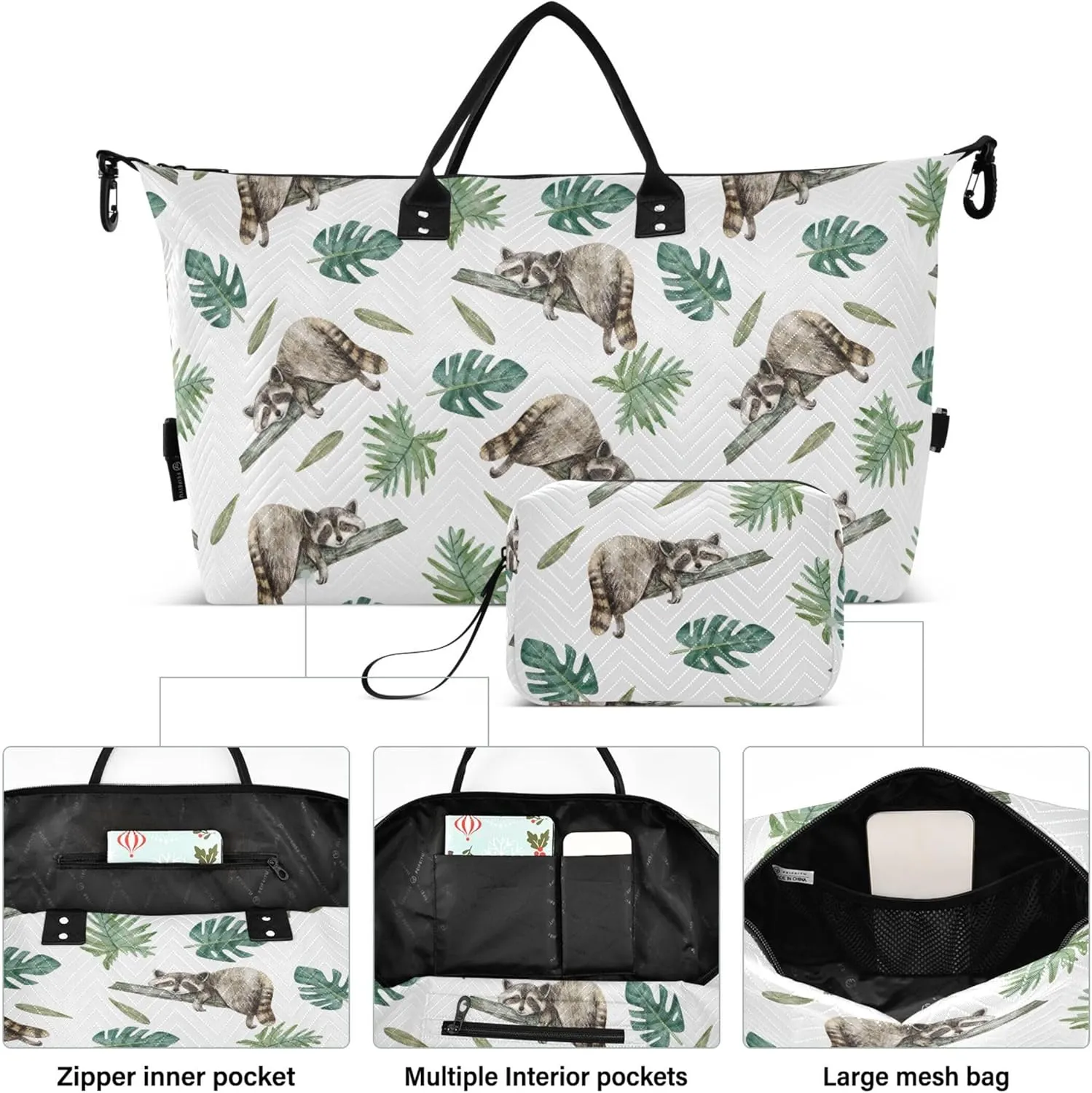 Cute Raccoon Tropical Leaves Duffel Bag Womens Makeup Pouch Set, Painting Womens Gym Bags Tote Carry on Duffle