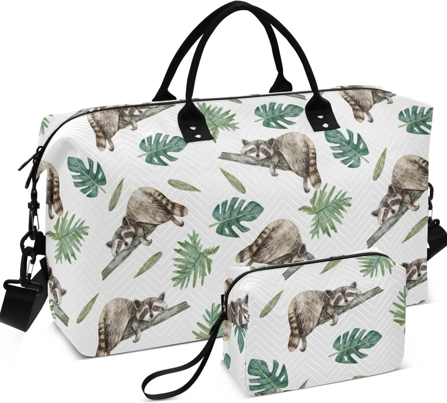 Cute Raccoon Tropical Leaves Duffel Bag Womens Makeup Pouch Set, Painting Womens Gym Bags Tote Carry on Duffle
