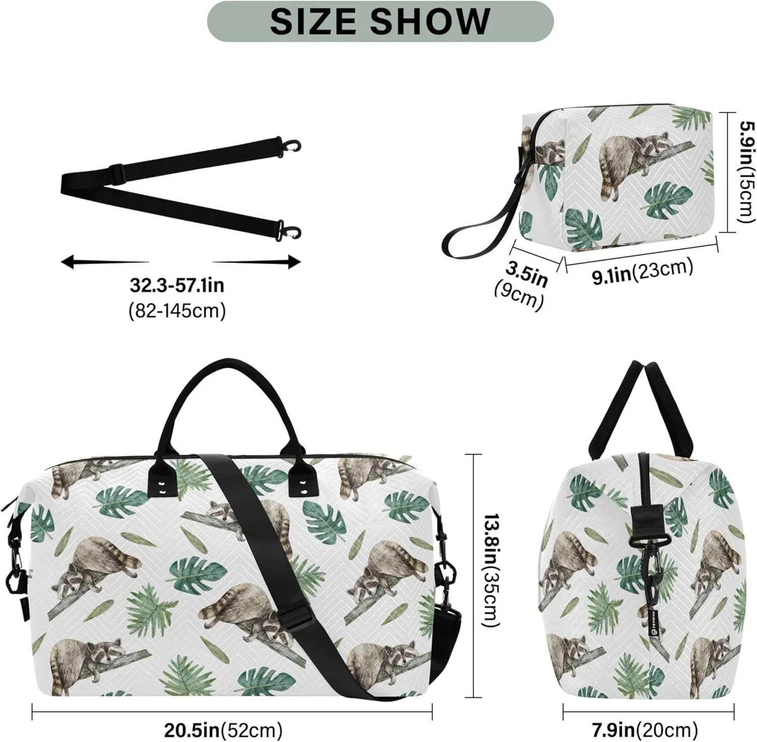 Cute Raccoon Tropical Leaves Duffel Bag Womens Makeup Pouch Set, Painting Womens Gym Bags Tote Carry on Duffle