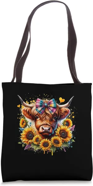 Cute Scottish Highland Cow Wearing Hair Bow Sunflower Heifer Tote Bag