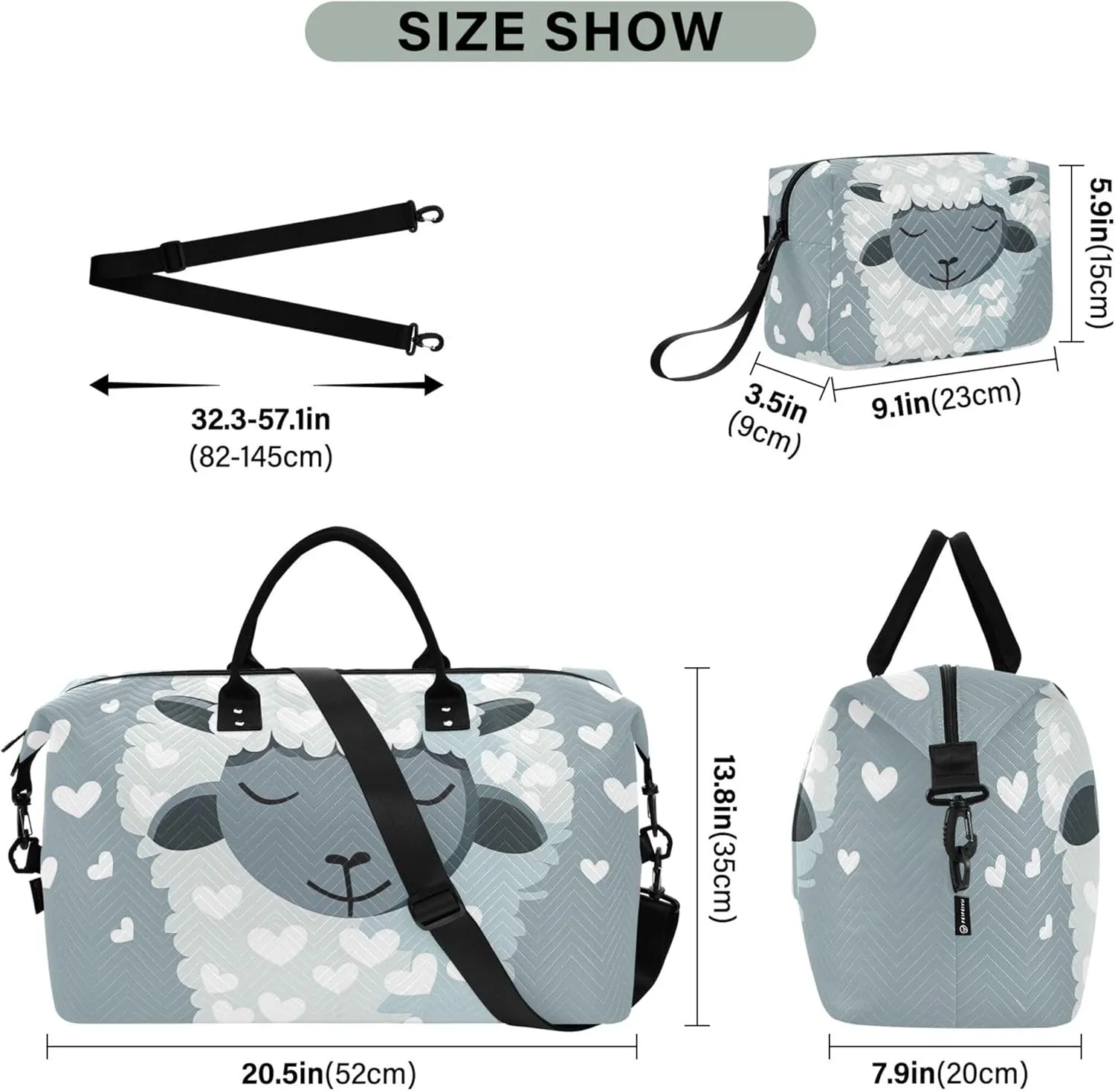 Cute Sheep White Grey Duffel Bags Travel Make up Bags Set of 2, Funny Women Small Gym Bag Weekend Bag Duffel