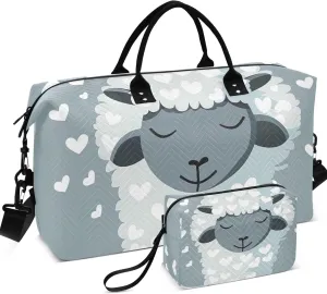 Cute Sheep White Grey Duffel Bags Travel Make up Bags Set of 2, Funny Women Small Gym Bag Weekend Bag Duffel