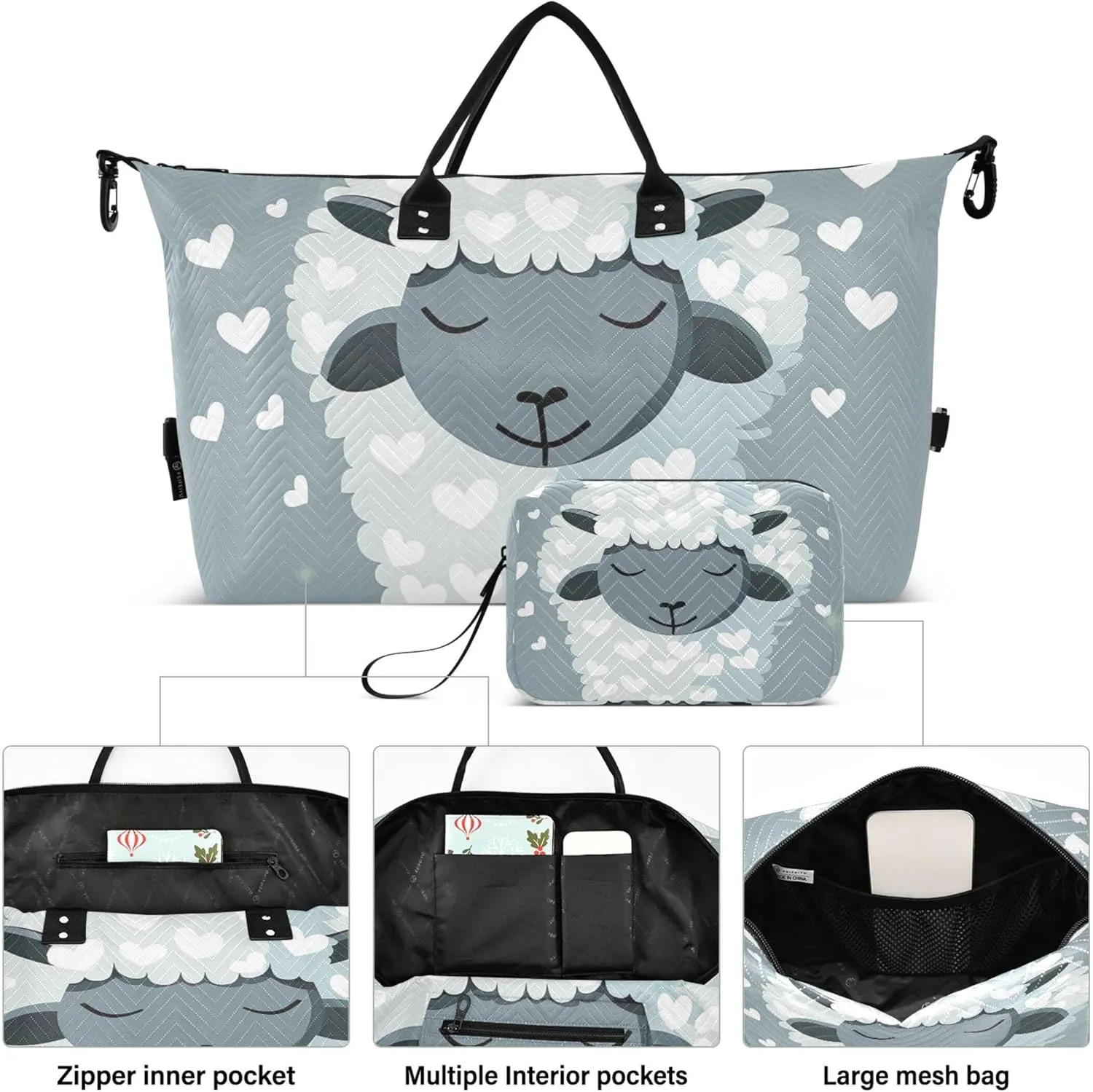 Cute Sheep White Grey Duffel Bags Travel Make up Bags Set of 2, Funny Women Small Gym Bag Weekend Bag Duffel