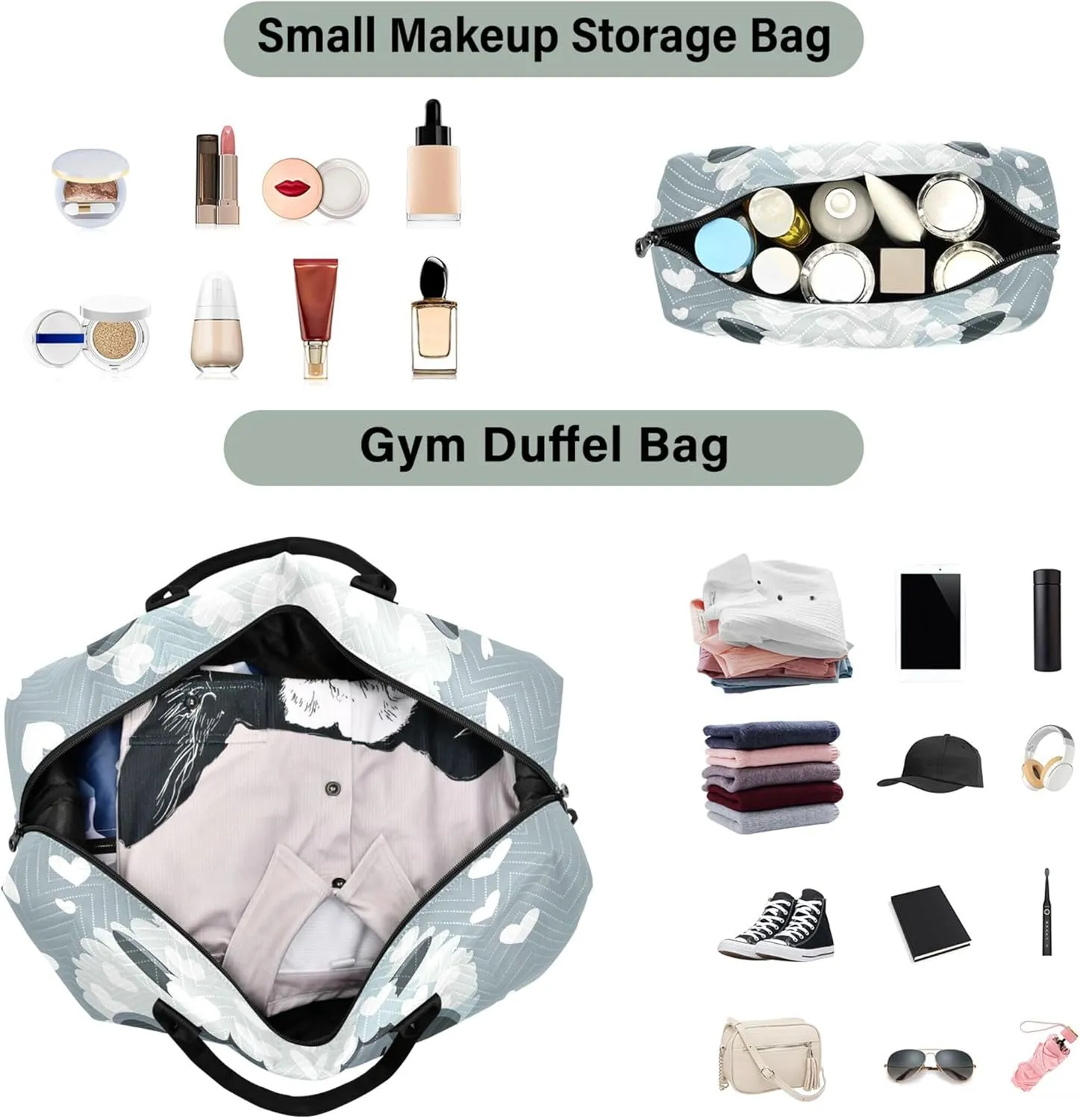 Cute Sheep White Grey Duffel Bags Travel Make up Bags Set of 2, Funny Women Small Gym Bag Weekend Bag Duffel