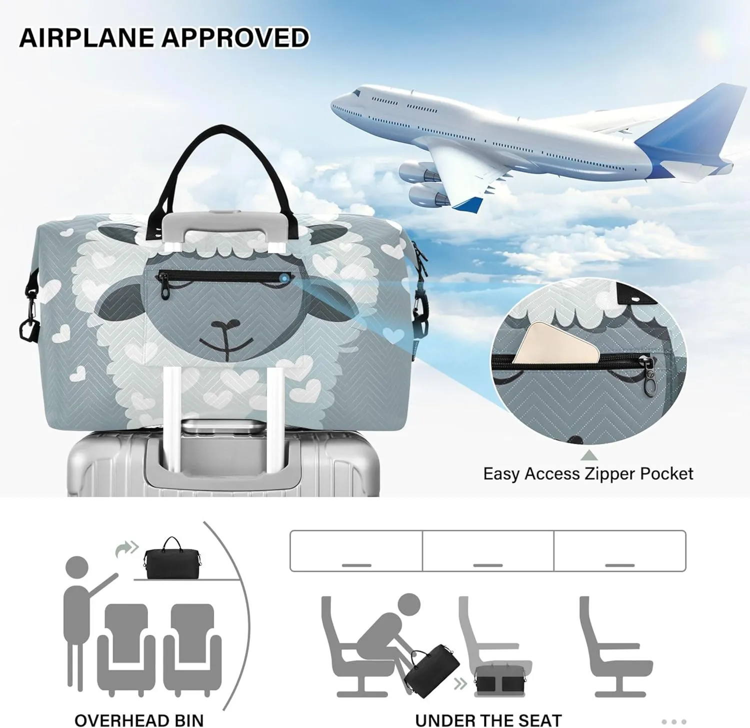 Cute Sheep White Grey Duffel Bags Travel Make up Bags Set of 2, Funny Women Small Gym Bag Weekend Bag Duffel