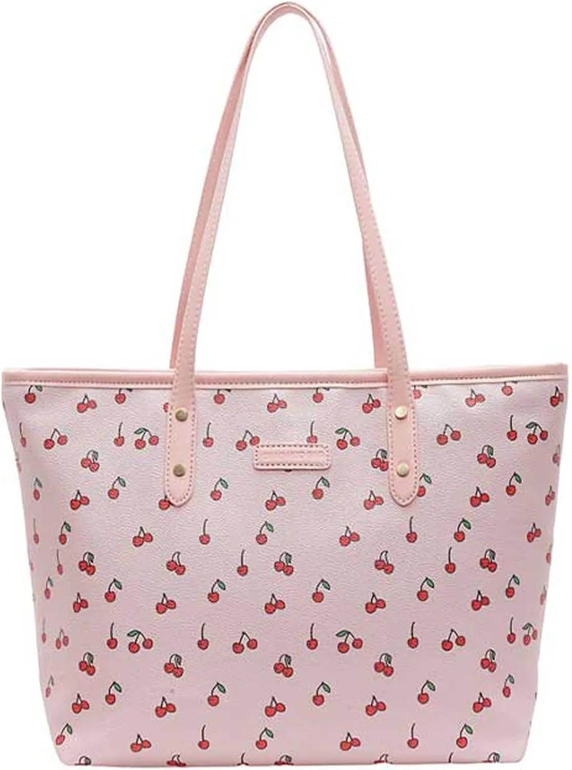 Cute Tote Bag Faux Leather Bow Cherry Shoulder Bag Large Floral Print Work Tote Handbag Trendy Pink Bowknot Purse