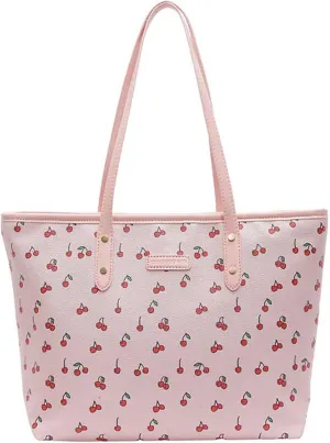 Cute Tote Bag Faux Leather Bow Cherry Shoulder Bag Large Floral Print Work Tote Handbag Trendy Pink Bowknot Purse