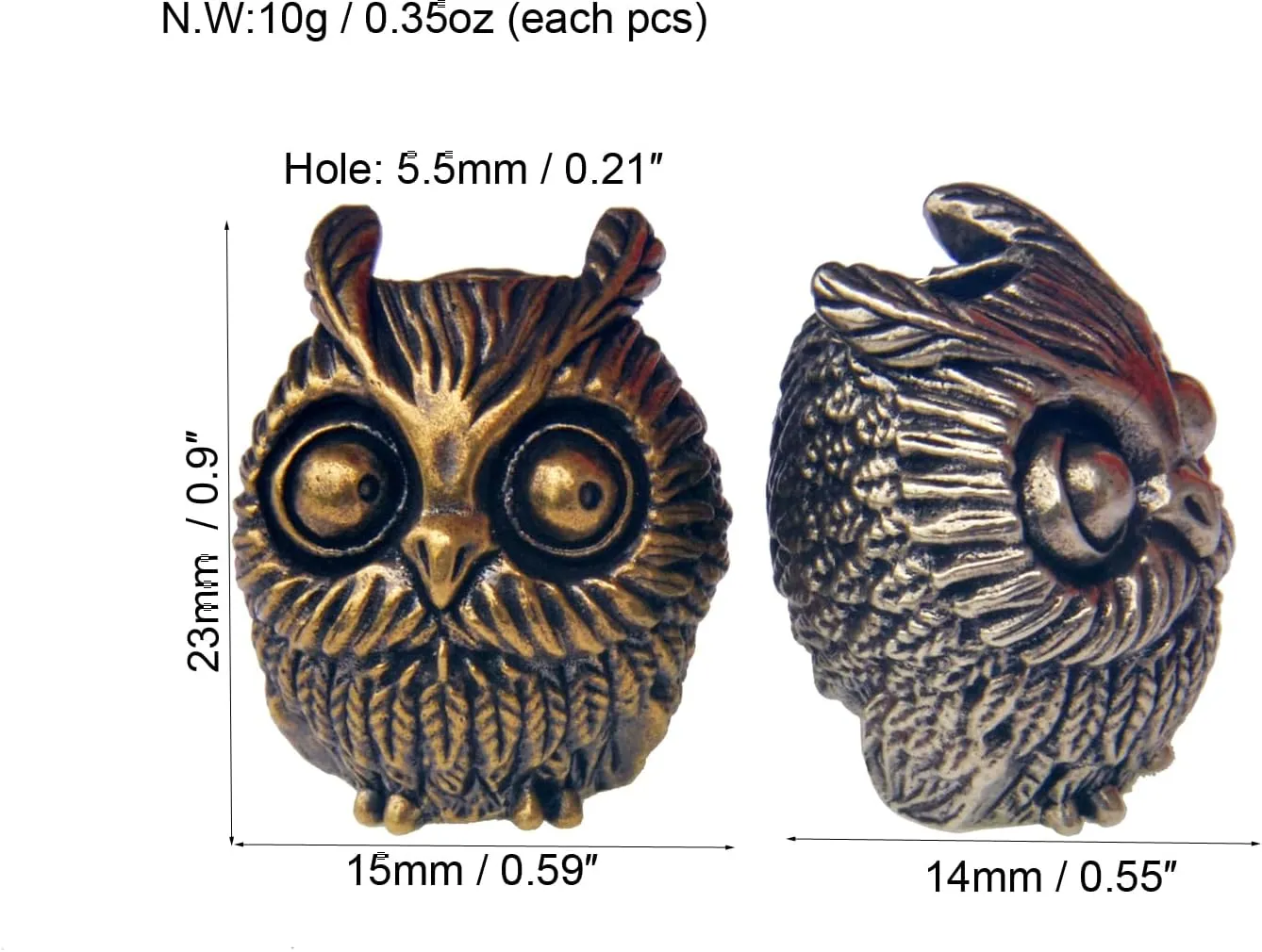 Cutee Owl Solid Brass Parachute Cord EDC Pendant Bead DIY Accessories for Paracord Bracelets, Buckle, Knife Lanyard, Flashlights, Zipper Pull, Knife Pendant (Pack of 2) w/Pin