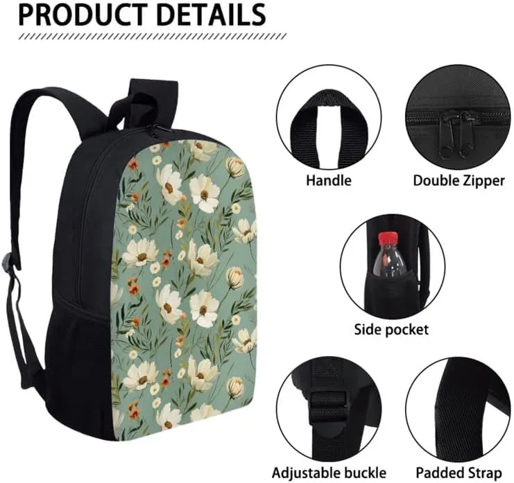 Daffodil Leaf Hand Drawing Backpack School Bags for Girls with Flower Art Painting Lunch Bag with Pencil Case 3-Pieces for Teens Boys Girls School